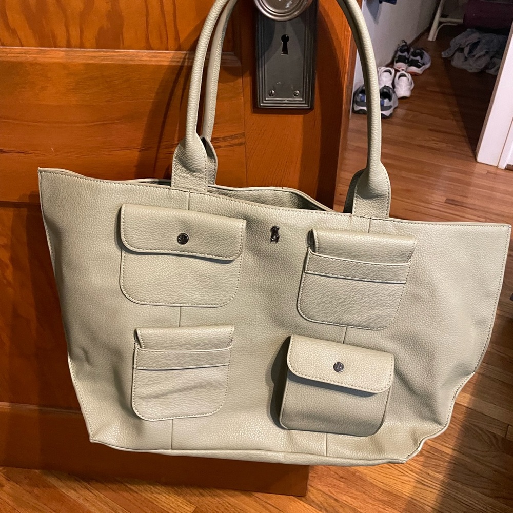 Steve Madden Olive Green Pebbled Tote with Multiple Front Pockets